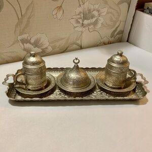 ACAR ISO 9001 2008 Turkish Coffee Set with Tray Silver Tone Metal and Ceramic
